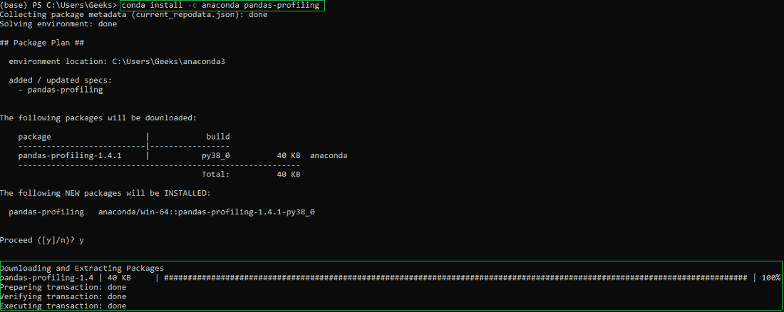 installing pandas profiling using conda