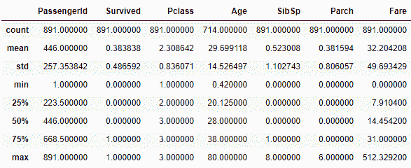 Titanic dataframe describe